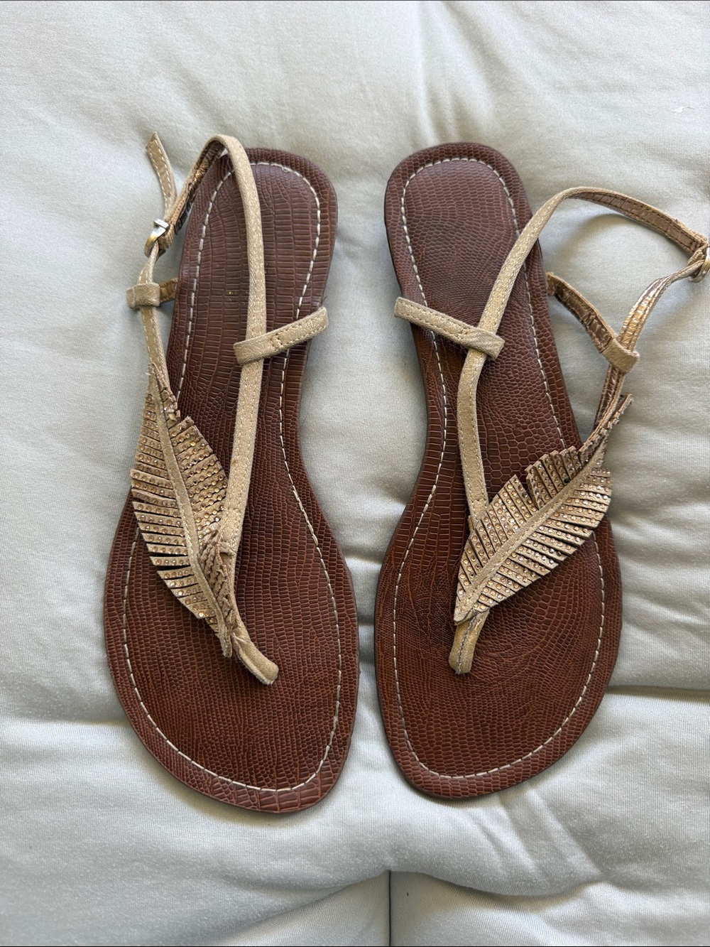 Gold Leaf T-Strap Sandals - Women